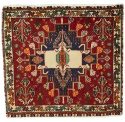 Full view of 2000s Shiraz rug from Iran / Persia, 58 × 63 cm in Red tones