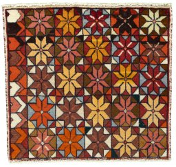 Full view of 2000s Shiraz rug from Iran / Persia, 50 × 53 cm in Red tones