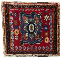Full view of 2000s Shiraz rug from Iran / Persia, 54 × 58 cm in Red tones