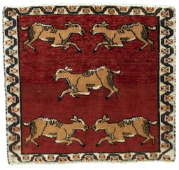 Full view of 2000s Shiraz rug from Iran / Persia, 57 × 63 cm in Red tones