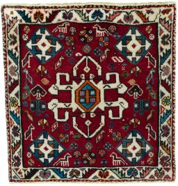 Full view of 2000s Shiraz rug from Iran / Persia, 60 × 58 cm in Red tones