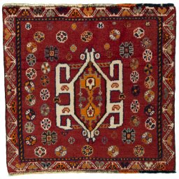 Full view of 2000s Shiraz rug from Iran / Persia, 53 × 55 cm in Red tones