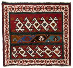 Full view of 2000s Shiraz rug from Iran / Persia, 54 × 58 cm in Red tones