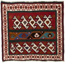 Full view of 2000s Shiraz rug from Iran / Persia, 54 × 59 cm in Red tones