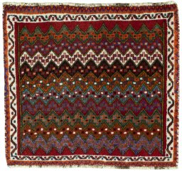 Full view of 2000s Shiraz rug from Iran / Persia, 51 × 57 cm in Red tones