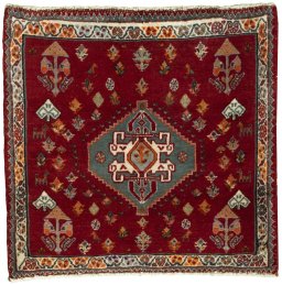 Full view of 2000s Shiraz rug from Iran / Persia, 63 × 66 cm in Red tones