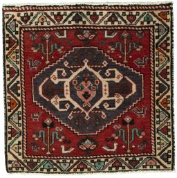 Full view of 2000s Shiraz rug from Iran / Persia, 56 × 57 cm in Red tones