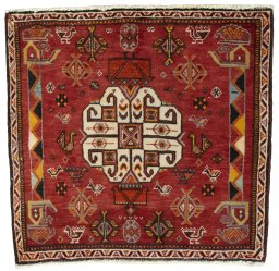 Full view of 2000s Shiraz rug from Iran / Persia, 62 × 64 cm in Red tones