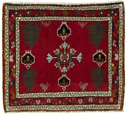 Full view of 2000s Shiraz rug from Iran / Persia, 54 × 61 cm in Red tones