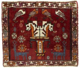 Full view of 2000s Shiraz rug from Iran / Persia, 51 × 60 cm in Red tones