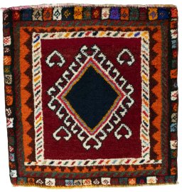 Full view of 2000s Shiraz rug from Iran / Persia, 50 × 50 cm in Red tones