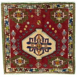 Full view of 2000s Shiraz rug from Iran / Persia, 57 × 60 cm in Red tones