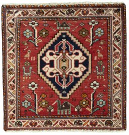 Full view of 2000s Shiraz rug from Iran / Persia, 60 × 60 cm in Red tones