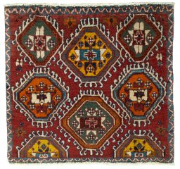 Full view of 2000s Shiraz rug from Iran / Persia, 58 × 63 cm in Red tones