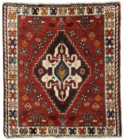 Full view of 2000s Shiraz rug from Iran / Persia, 72 × 64 cm in Red tones