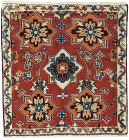 Full view of 2000s Shiraz rug from Iran / Persia, 63 × 60 cm in Red tones