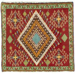 Full view of 2000s Shiraz rug from Iran / Persia, 56 × 60 cm in Red tones