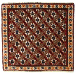 Full view of 2000s Shiraz rug from Iran / Persia, 56 × 60 cm in Red tones