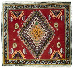 Full view of 2000s Shiraz rug from Iran / Persia, 64 × 70 cm in Red tones