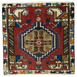 Full view of 2000s Shiraz rug from Iran / Persia, 53 × 55 cm in Red tones