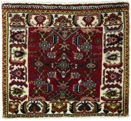 Full view of 2000s Shiraz rug from Iran / Persia, 56 × 64 cm in Red tones