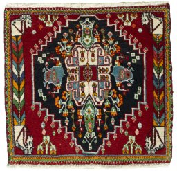 Full view of 2000s Shiraz rug from Iran / Persia, 58 × 63 cm in Red tones