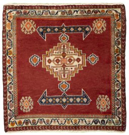 Full view of 2000s Shiraz rug from Iran / Persia, 58 × 57 cm in Red tones