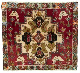 Full view of 2000s Shiraz rug from Iran / Persia, 56 × 63 cm in Red tones