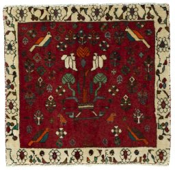 Full view of 2000s Shiraz rug from Iran / Persia, 59 × 62 cm in Red tones