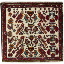 Full view of 2000s Shiraz rug from Iran / Persia, 57 × 60 cm in Red tones