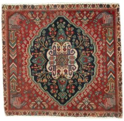 Full view of 2000s Shiraz rug from Iran / Persia, 60 × 62 cm in Red tones