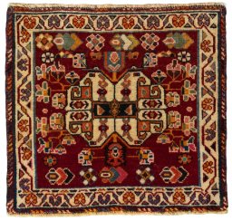 Full view of 2000s Shiraz rug from Iran / Persia, 52 × 57 cm in Red tones