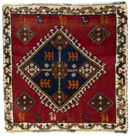 Full view of 2000s Shiraz rug from Iran / Persia, 60 × 60 cm in Red tones
