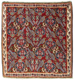Full view of 2000s Shiraz rug from Iran / Persia, 80 × 74 cm in Red tones
