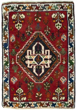 Full view of 2000s Shiraz rug from Iran / Persia, 72 × 51 cm in Red tones