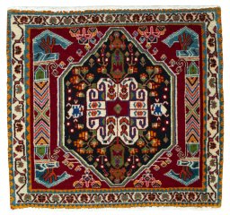 Full view of 2000s Shiraz rug from Iran / Persia, 60 × 64 cm in Red tones