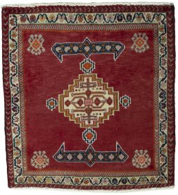 Full view of 2000s Shiraz rug from Iran / Persia, 63 × 58 cm in Red tones