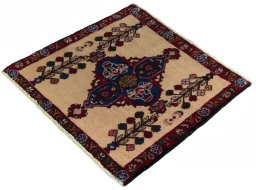 Corner detail of 2000s Shiraz rug showing border pattern and Wool pile