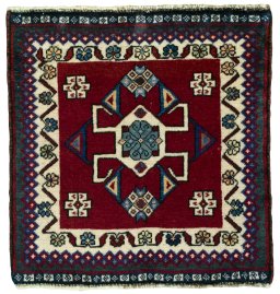 Full view of 2000s Shiraz rug from Iran / Persia, 52 × 50 cm in Red tones
