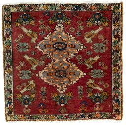 Full view of 2000s Shiraz rug from Iran / Persia, 60 × 60 cm in Red tones
