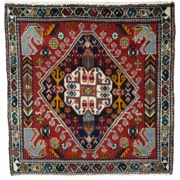 Full view of 2000s Shiraz rug from Iran / Persia, 64 × 62 cm in Red tones