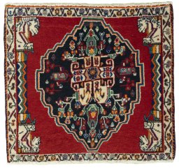 Full view of 2000s Shiraz rug from Iran / Persia, 57 × 62 cm in Red tones