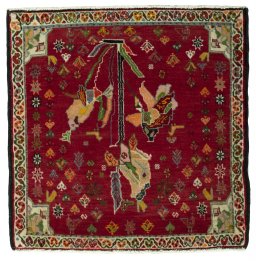 Full view of 2000s Shiraz rug from Iran / Persia, 63 × 63 cm in Red tones
