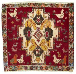 Full view of 2000s Shiraz rug from Iran / Persia, 57 × 61 cm in Red tones