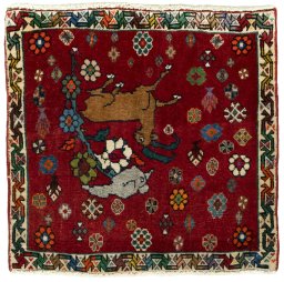 Full view of 2000s Shiraz rug from Iran / Persia, 60 × 62 cm in Red tones