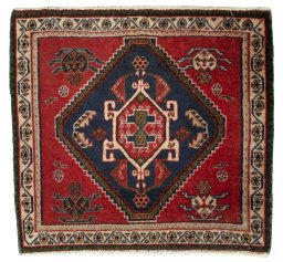 Full view of 2000s Shiraz rug from Iran / Persia, 52 × 56 cm in Red tones