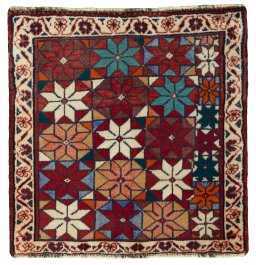 Full view of 2000s Shiraz rug from Iran / Persia, 61 × 60 cm in Red tones