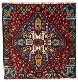Full view of 2000s Shiraz rug from Iran / Persia, 55 × 54 cm in Red tones