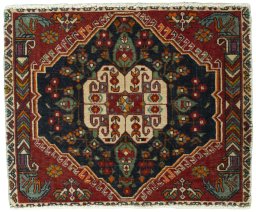 Full view of 2000s Shiraz rug from Iran / Persia, 53 × 66 cm in Red tones