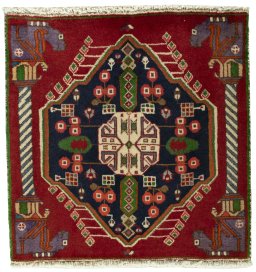 Full view of 2000s Shiraz rug from Iran / Persia, 60 × 60 cm in Red tones